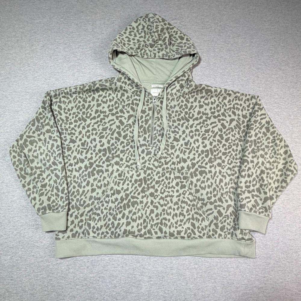 American Eagle Womens XS Leopard Print Quarter Zip Hoodie Sage Green Soft Fleece